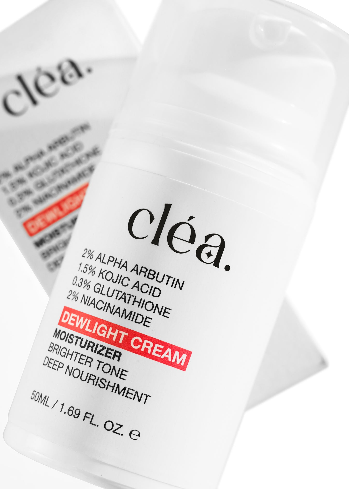 clea dewlight cream brightening moisturizer for face with alpha arbutin and niacinamide in white bottle
