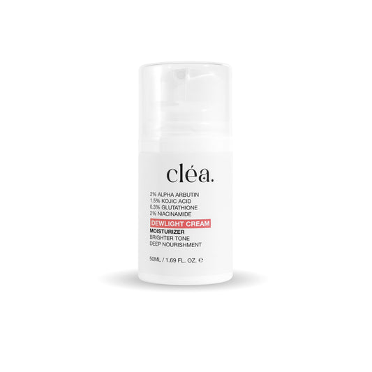 Clea Dewlight Cream brightening moisturizer for face with nourishing ingredients in a white pump bottle