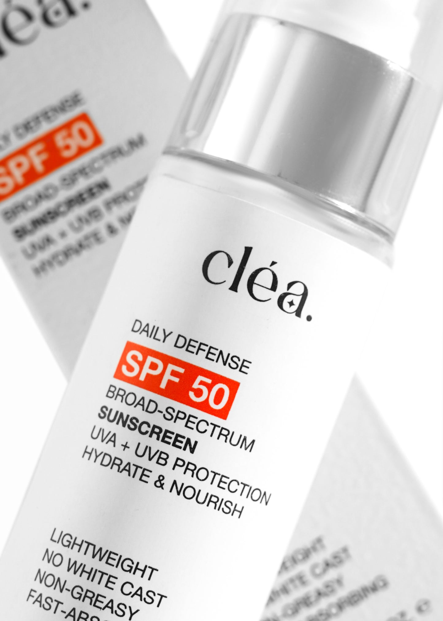 Clea broad spectrum daily sunscreen SPF 50 bottle with UVA UVB protection and hydration