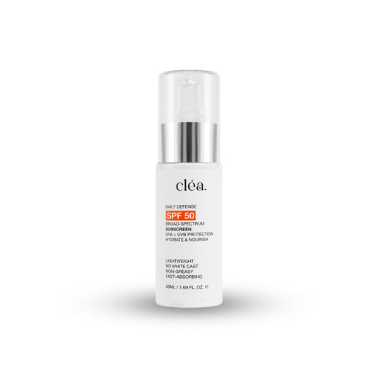 Clea broad spectrum daily sunscreen SPF 50 in a white pump bottle for lightweight hydration