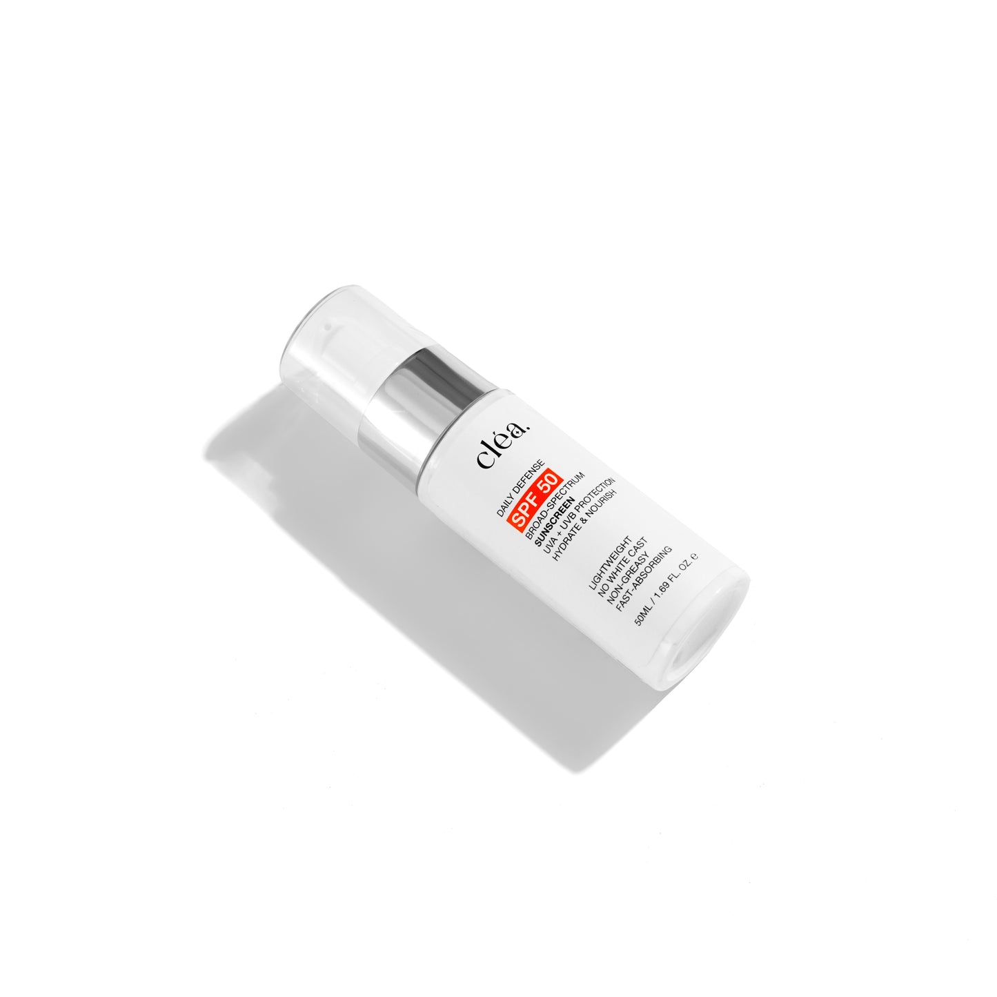 Clea broad spectrum daily sunscreen SPF 50 in white pump bottle with silver accent