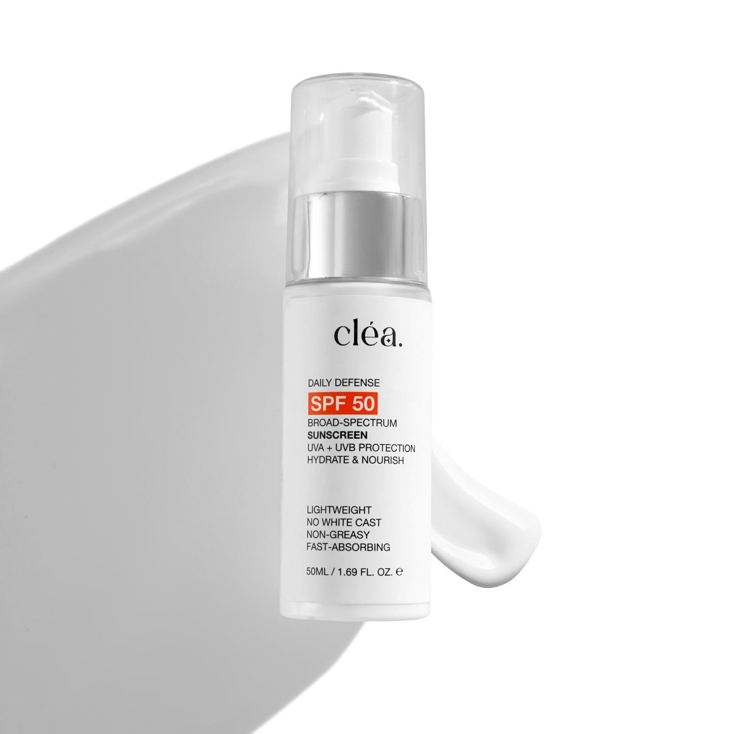 clea broad spectrum daily sunscreen SPF 50 in white pump bottle with moisturizing cream texture