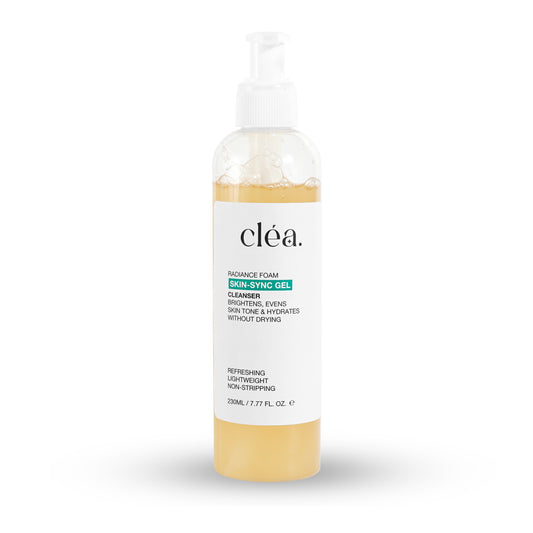 Clea Skin Sync Gel cleanser for glowing skin in a 230ml clear pump bottle