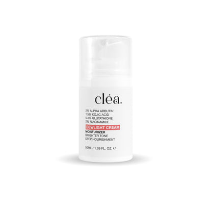 Clea Dewlight Cream brightening moisturizer for face with nourishing ingredients in a white pump bottle