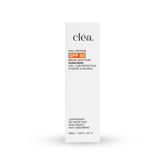 Clea broad spectrum daily sunscreen SPF 50 in white packaging for UVA and UVB protection