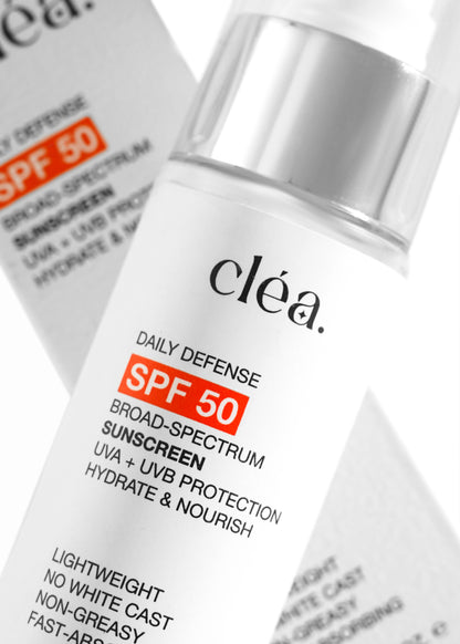 Clea broad spectrum daily sunscreen SPF 50 bottle with UVA UVB protection and hydration
