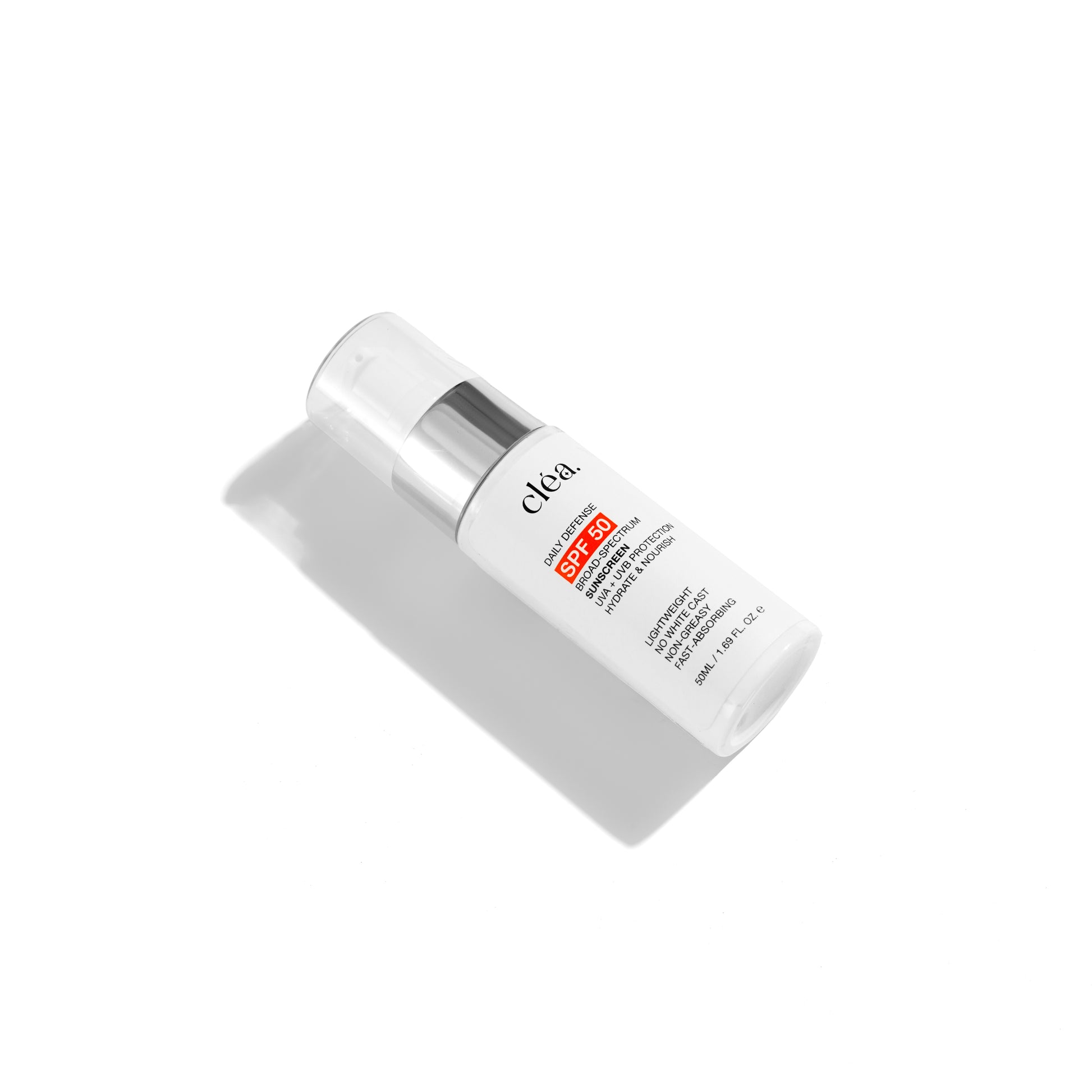 Clea broad spectrum daily sunscreen SPF 50 in white pump bottle with silver accent