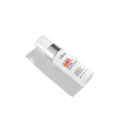 Clea broad spectrum daily sunscreen SPF 50 in white pump bottle with silver accent