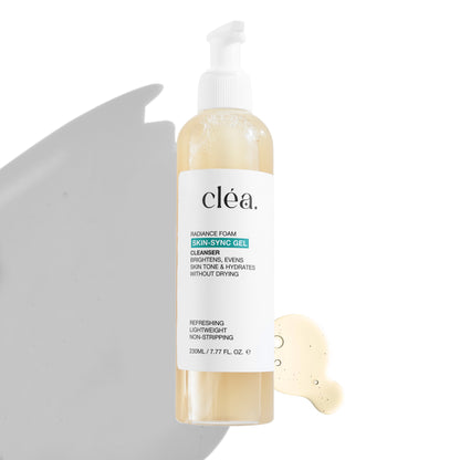 clea skin sync gel cleanser for glowing skin in clear pump bottle with hydrating formula