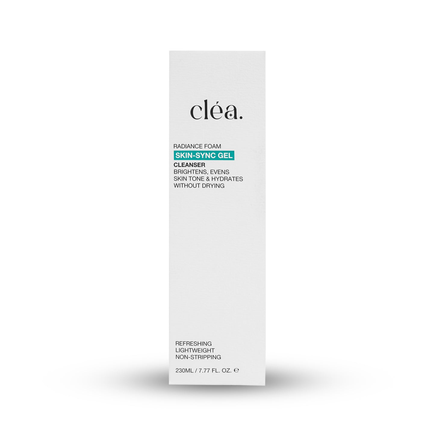 clea skin sync gel cleanser for glowing skin in white rectangular packaging 230ml