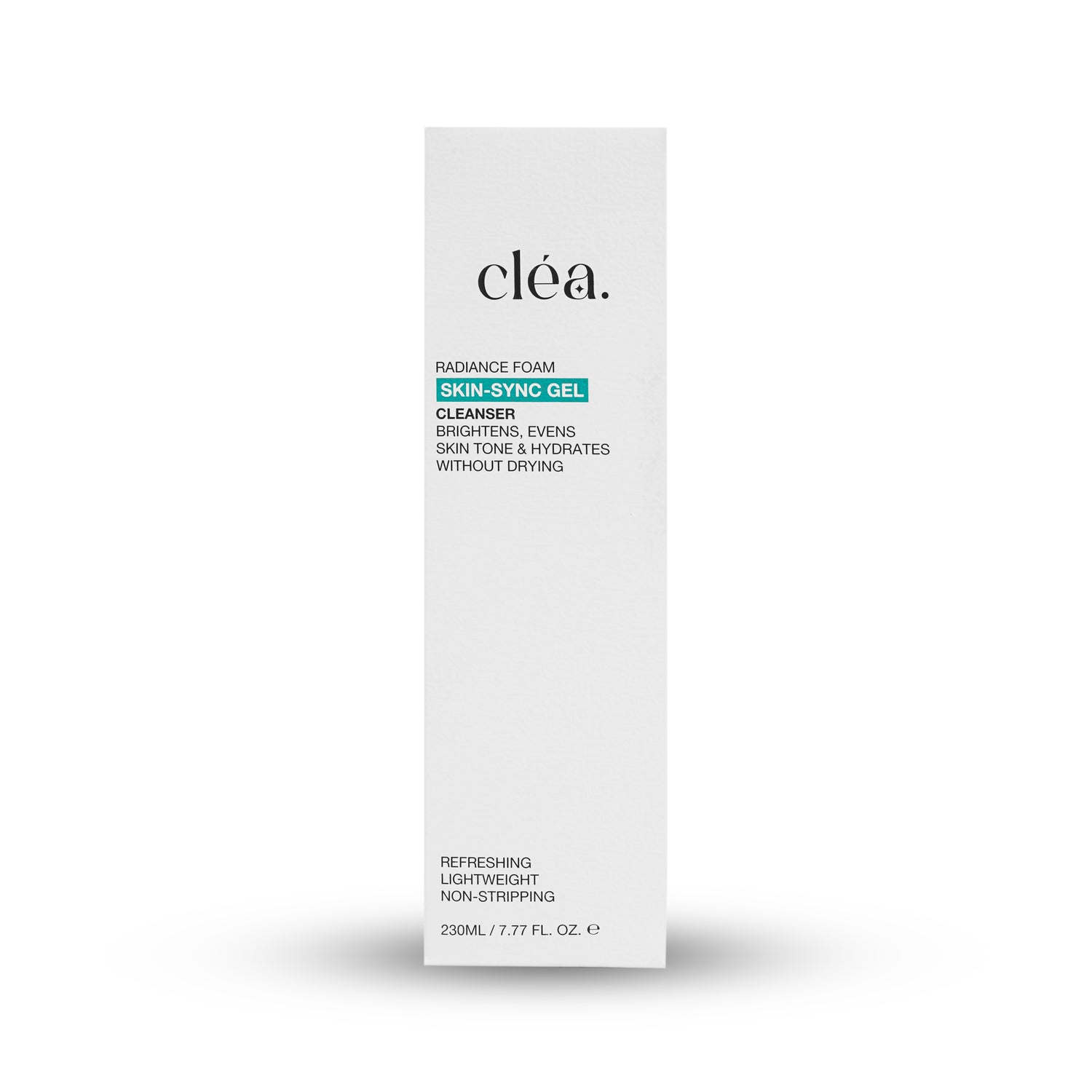 clea skin sync gel cleanser for glowing skin in white rectangular packaging 230ml