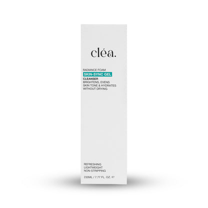 clea skin sync gel cleanser for glowing skin in white rectangular packaging 230ml