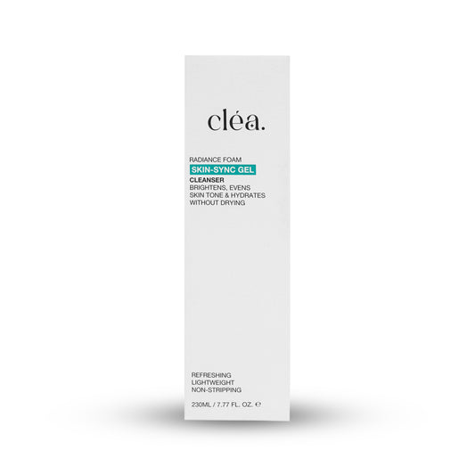 clea skin sync gel cleanser for glowing skin in white rectangular packaging 230ml