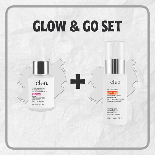 Clea glow and go skincare set with serum and SPF 50 sun protection lotion for radiant skin