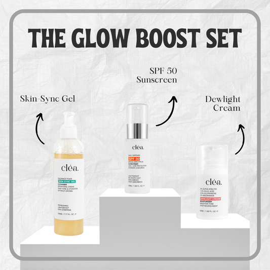 Clea glow boost skincare set including Skin Sync Gel SPF 50 Sunscreen and Dewlight Cream